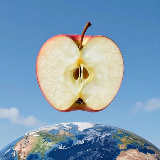 Photograph of a halved red apple with a brown stem, displaying its white and yellow flesh, hovering above a detailed, blue Earth with visible continents