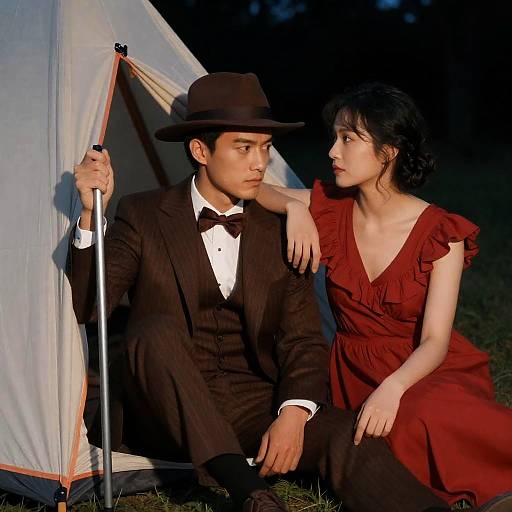 Couple in Vintage Attire Sitting by Tent at Night