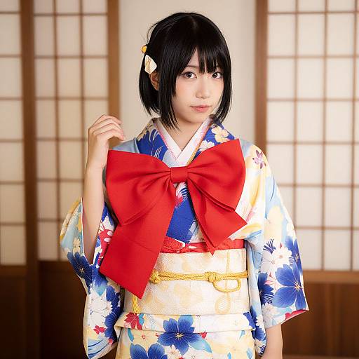 Photograph of an Asian woman with black bob hair, wearing a blue and white floral yukata with a large red bow, in a traditional Japanese