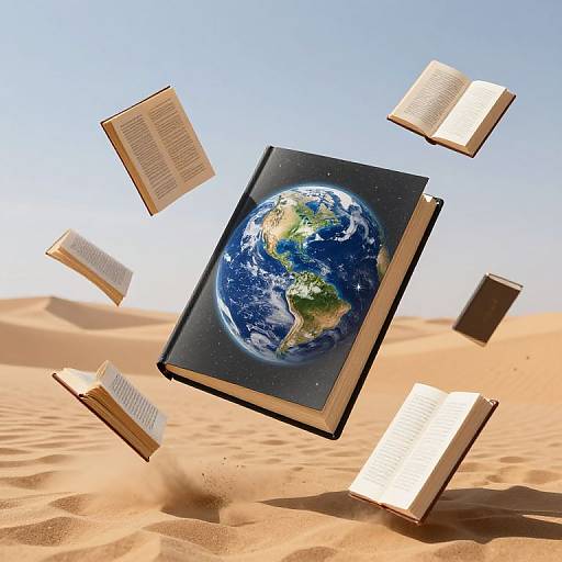 Photograph-like digital art: Earth on a floating book surrounded by open books, in a desert with clear blue sky.