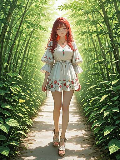 Digital anime-style artwork of a red-haired woman in a white floral dress, standing on a sunlit bamboo path, surrounded by lush greenery.