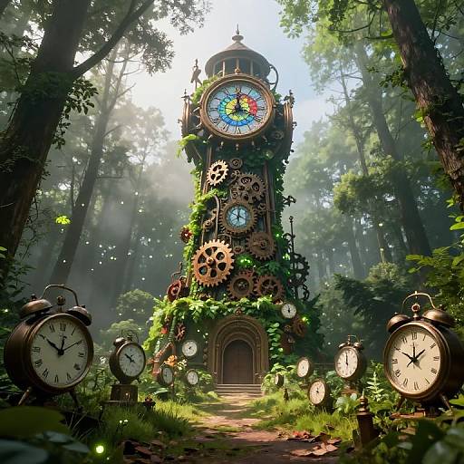 Surreal Steampunk Tower in Enchanted Forest