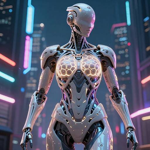 Neon-lit cyberpunk cityscape with a futuristic, white, glowing-hexagon-breasted android robot standing confidently in the foreground. High-tech