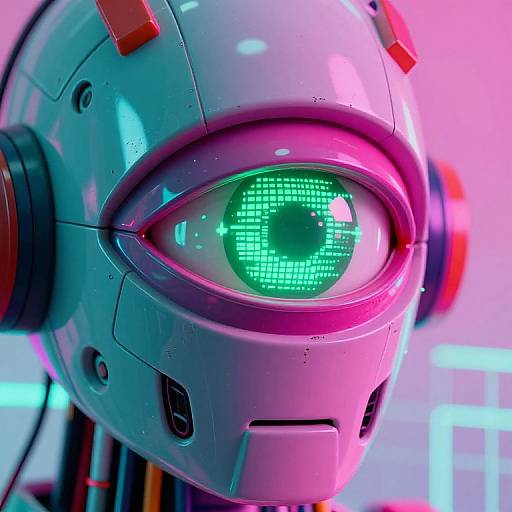 Close-up of a futuristic, cybernetic head with a glowing green eye, pink and purple neon lights, and red accents. Photorealistic CGI