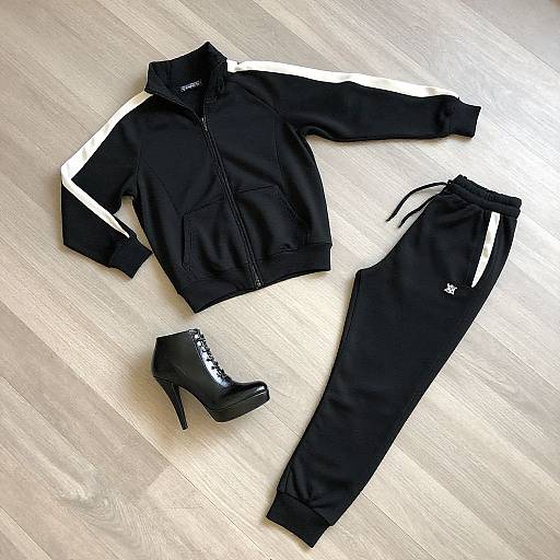 Photograph of black Adidas track suit with white stripes, black high-heeled boots, laid on light wooden floor.