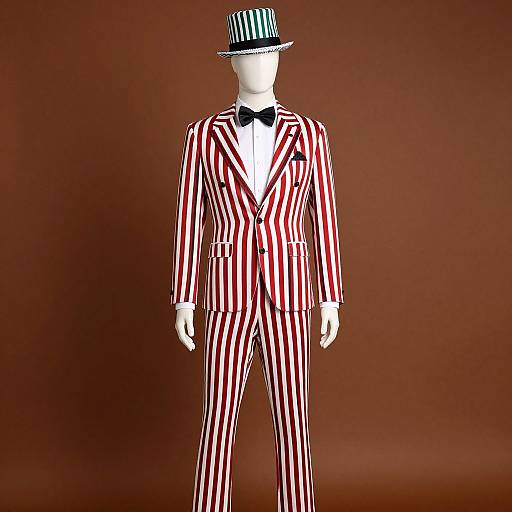 Photograph of a headless mannequin wearing a red and white striped suit, black bow tie, and black and white striped hat, against a