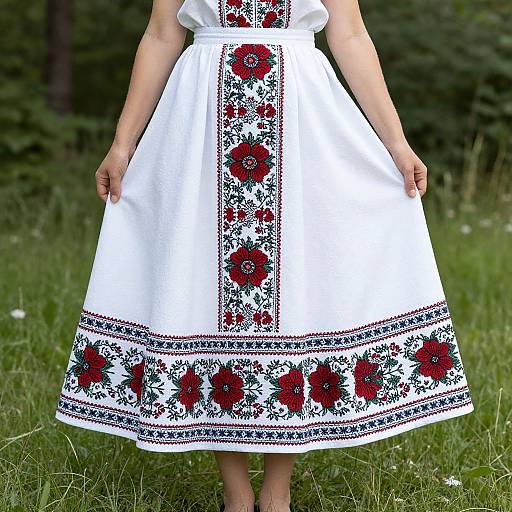 Photograph of a woman wearing a white, sleeveless, embroidered dress with red and black floral patterns, standing in a grassy, forested area