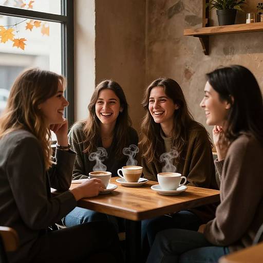 Photograph of four smiling women with long brown hair, wearing dark sweaters, sitting at a wooden table in a cozy café, each with steaming