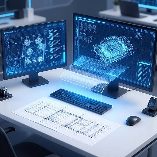 High-tech workstation with glowing blue screens displaying 3D wireframe models, black keyboard, mouse, and illuminated white desk in a modern, futuristic office