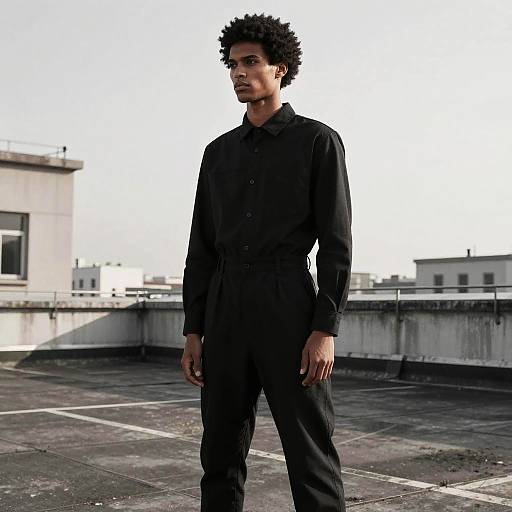 Male Model with Short Afro Hairstyle in Black Jumpsuit