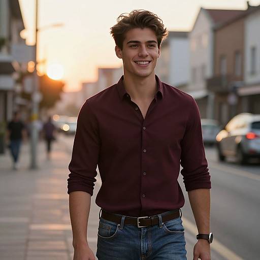 Photograph of a smiling, young, attractive man with tousled brown hair, wearing a maroon button-up shirt and blue jeans, standing on a