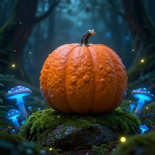 Photorealistic digital artwork of a textured orange pumpkin with a knobby stem, sitting on mossy ground, surrounded by glowing blue mushrooms in a mystical