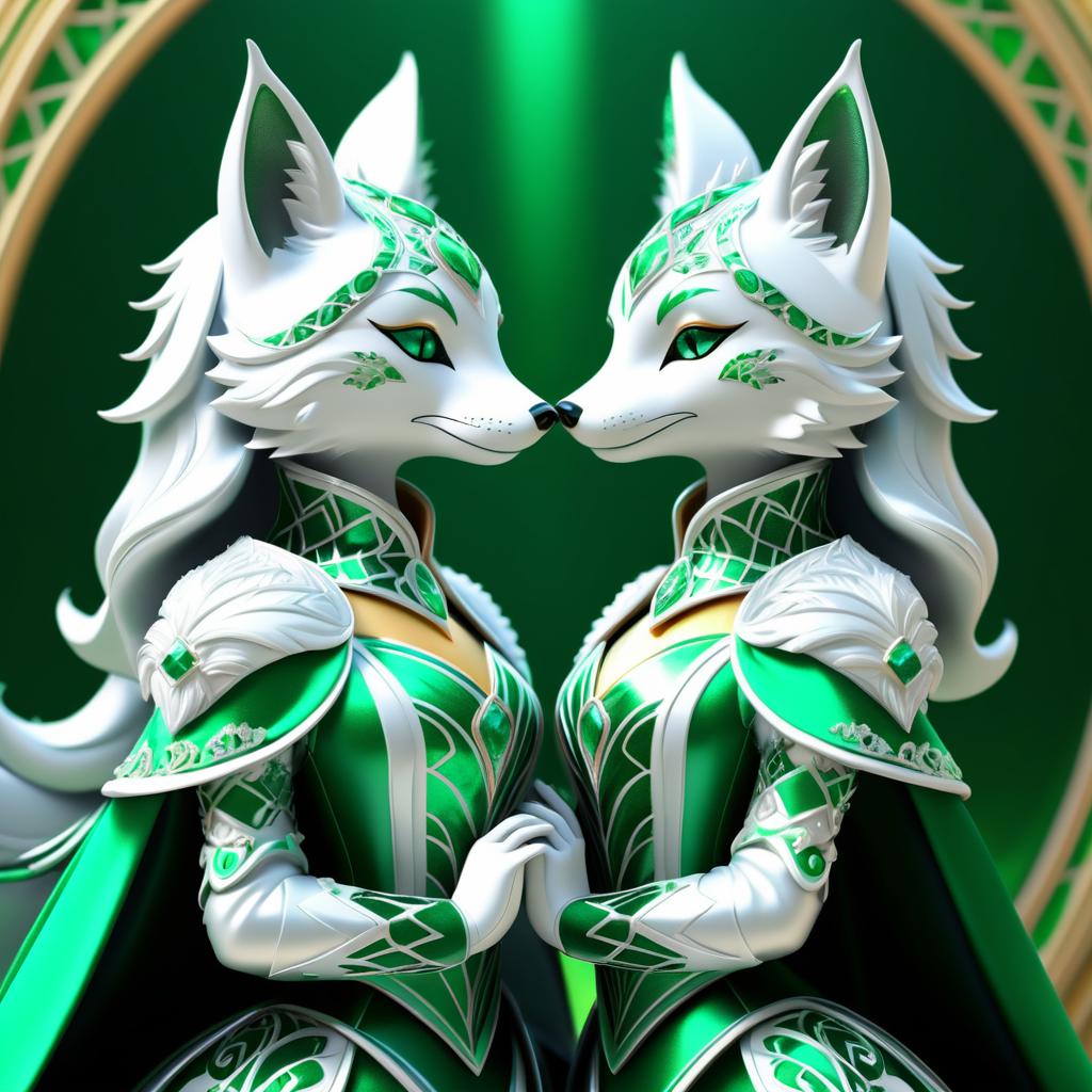 Elegant Foxes Embracing in Silver Armor