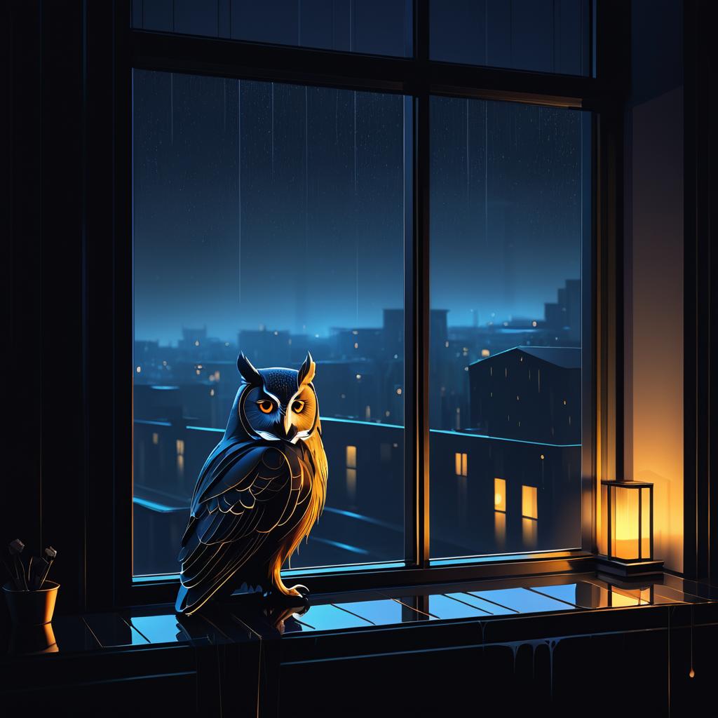 Moody Rainy Night Owl Painting