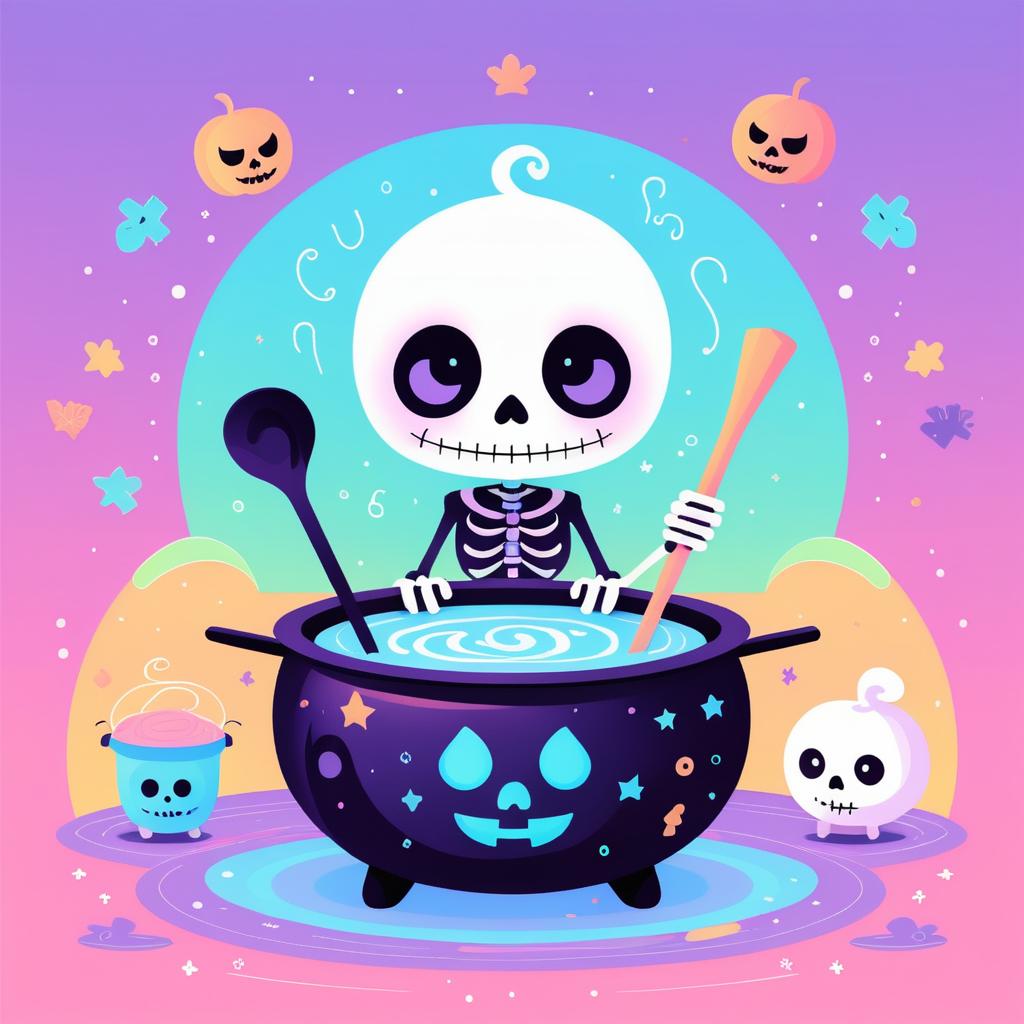 Kawaii Skeleton in a Colorful Cauldron