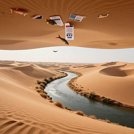 Photograph of a desert landscape with rippled sand dunes, a winding river, scattered bushes, and four flags atop the dunes. Bright,