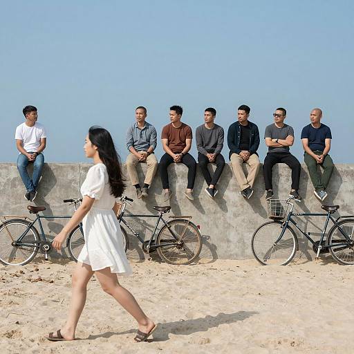 Group of Men Sitting on Beach Wall with Woman Walking