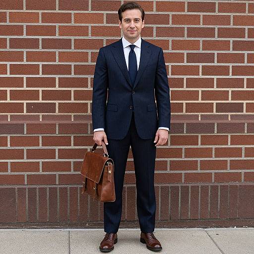 Photograph of a smiling man in a dark navy suit, white shirt, black tie, holding a brown leather briefcase, standing against a red brick