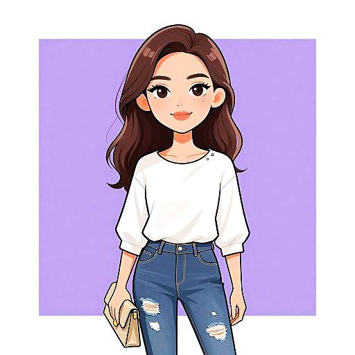 Anime-style digital drawing of a young woman with long brown hair, wearing a white shirt and ripped blue jeans, holding a beige clutch, against a lavender
