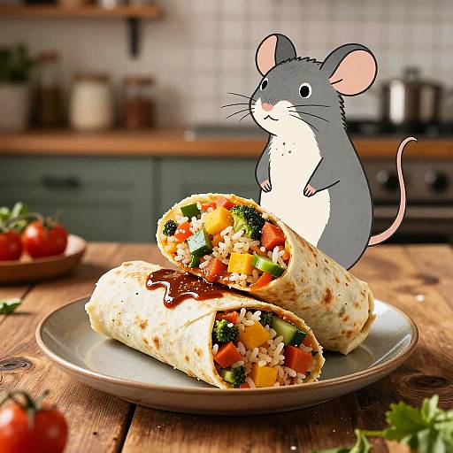 Whimsical Rat Burrito in Rustic Kitchen