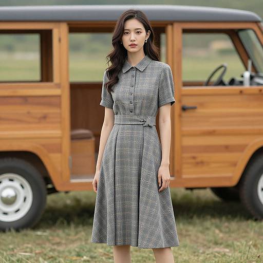 Photograph of an Asian woman with long black hair, wearing a gray plaid dress and standing in front of a wooden vintage van.
