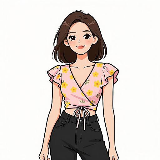 Digital illustration of a smiling Asian woman with short brown hair, wearing a pink floral top and black high-waisted pants.