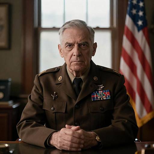 Intense Old Soldier in Dimly Lit Room