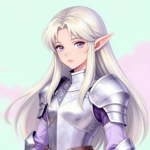 Digital anime-style drawing of a white-haired, purple-eyed elf woman with pointed ears, wearing shiny silver armor, looking forward.