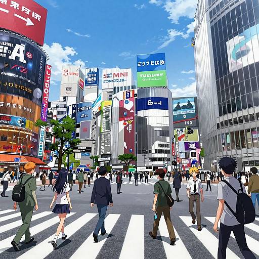CGI anime-style photograph of a bustling Japanese city street crossing, filled with diverse pedestrians, colorful billboards, and bright sky.