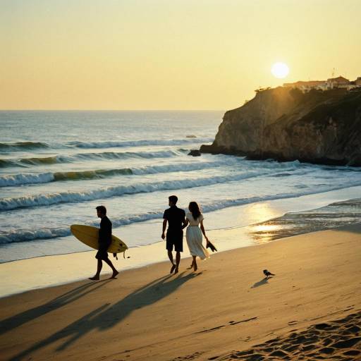 Couple and Surfer Walking on Sunset Beach