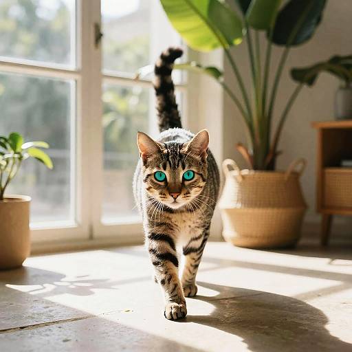 Playful Ocicat in Sunlit Tropical Sunroom