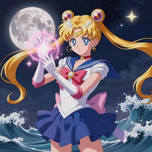 Blonde Magical Girl Casting Spell by Moonlit Ocean
