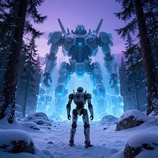CGI image of a snow-covered forest at night, a humanoid robot stands facing a towering, glowing, ice-blue mecha with flowing energy beams.