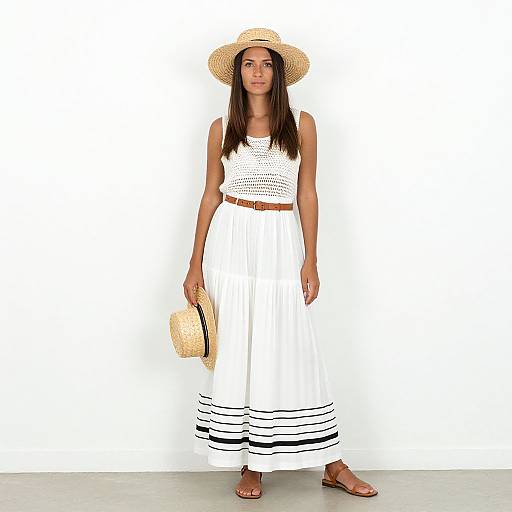 Photograph of a young woman with long brown hair, wearing a white crochet top, white high-waisted skirt with black stripes, tan hat,