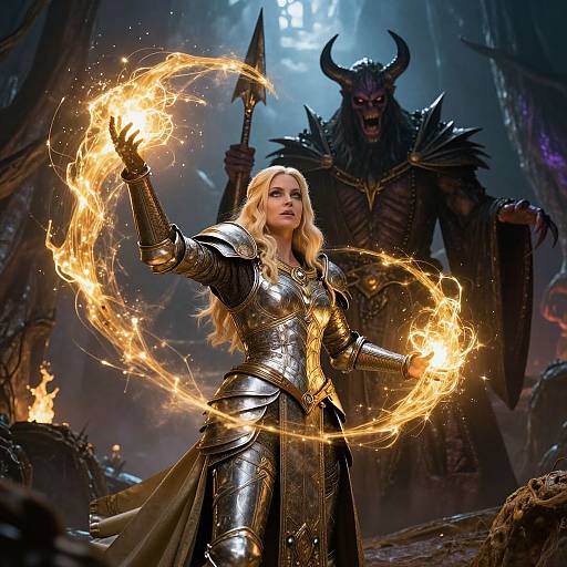Photograph-like CGI of a blonde warrior woman in shiny black armor casting a fiery circle, with a dark, horned demon in background. Dark,