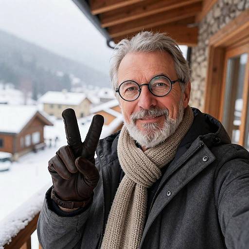 Elderly Man Selfie in Snowy Lodge
