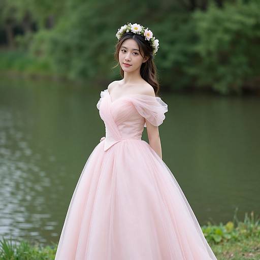 Photograph of an Asian woman with long black hair, wearing a pink off-shoulder ball gown and flower crown, standing by a serene lake with
