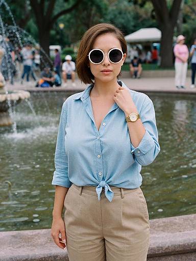 Photograph of a young woman with short brown hair, wearing round sunglasses, light blue button-up shirt tied at the waist, beige pants, and a