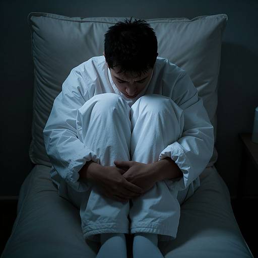 Photograph of a man in white pajamas and socks, hunched over on a white pillow, arms wrapped around knees, dimly lit by blue