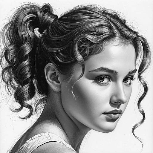 Pencil Sketch of Young Woman with Curly Ponytail