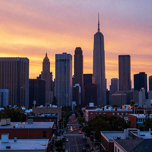 Photograph of a cityscape at sunset, featuring tall skyscrapers with dark silhouettes against a vibrant orange and purple sky, with smaller buildings