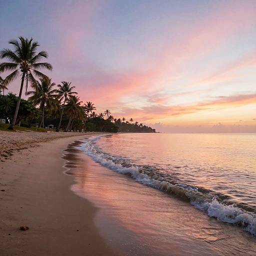 Photograph of a serene beach at sunset, with gentle waves, palm trees lining the shore, and a vibrant, pink and orange sky.