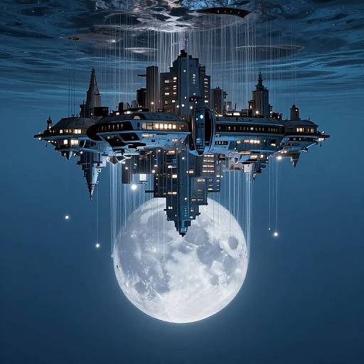 Digital artwork of a floating, illuminated, futuristic city ship hanging by strings above a glowing full moon in a dark blue night sky.