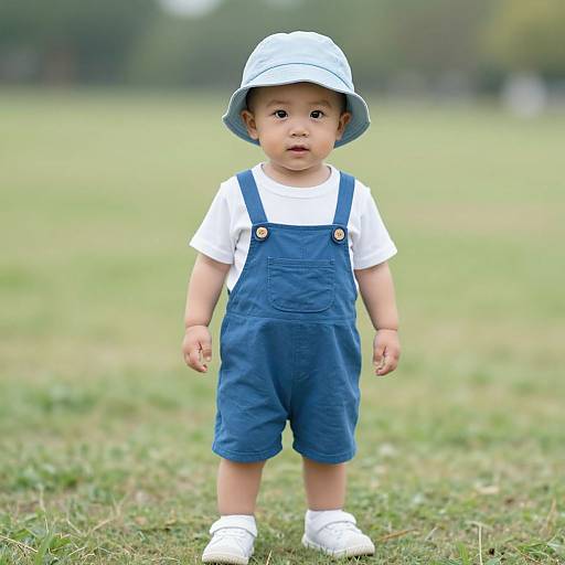 Photograph of a cute toddler with light skin, wearing a blue bucket hat, white shirt, blue overalls, and white shoes, standing on grass