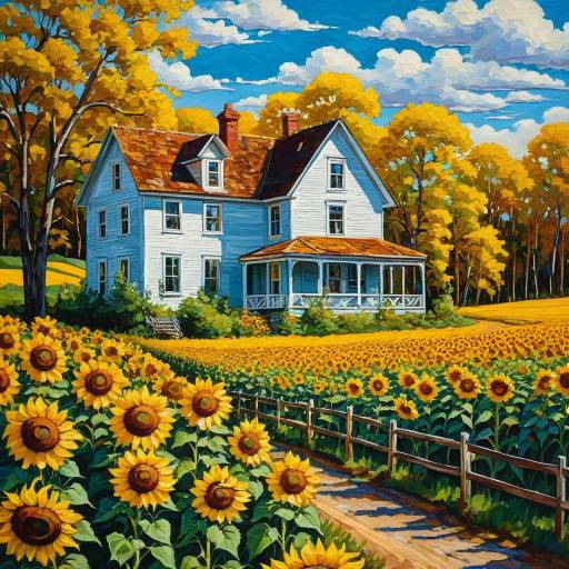 Scenic Sunflower Field and House Painting
