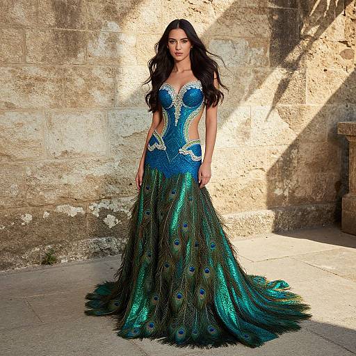 Elegant Peacock Costume by Stone Wall