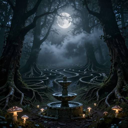 Mystical nighttime forest scene with a glowing moon, winding roots, tiered stone fountain, and lit mushrooms surrounding it. Digital art.
