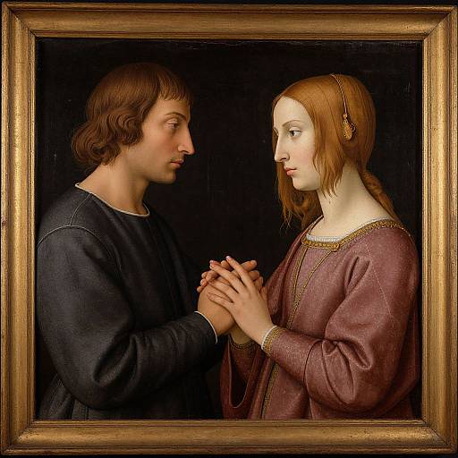 Renaissance painting of a young couple with fair skin, the man in a dark shirt holding the woman's hands, both gazing into each other