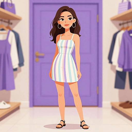 Woman in Pastel Striped Sundress in Boutique