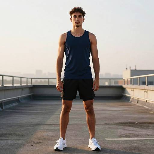 Photograph of muscular, young man with curly brown hair, wearing black tank top, black shorts, and white sneakers, standing on rooftop.